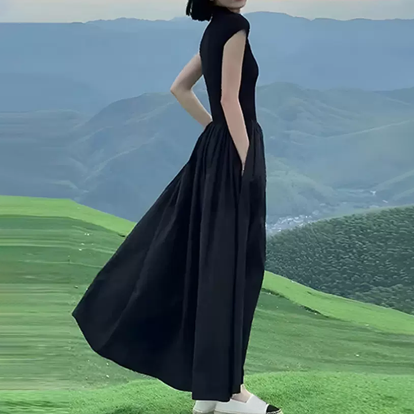 Nelipo women's black dress Summer T-shirt long skirt Slim temperament